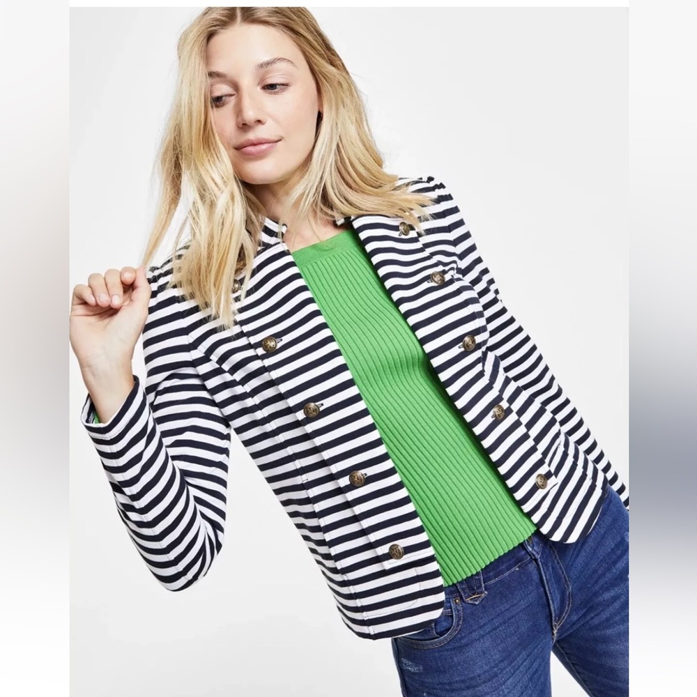 Tommy Hilfiger Black & White Striped Puff-Sleeve Blazer Jacket (L)